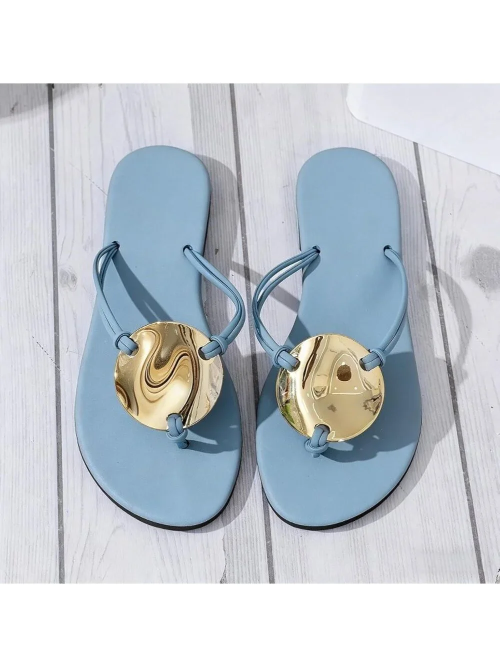 Women's Blue Leather Metal Flip Flop Thong Flat Slip on Soft Cushion Dress Shoes